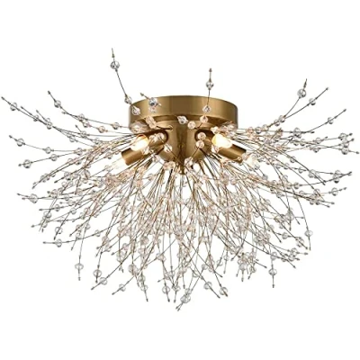 Afbeelding van Kroonluchter paardenbloem kristal vuurwerk vlak montage voor slaapkamer eetkamer woonkamer verlichting (gouden plafondlamp 5 lampen)
