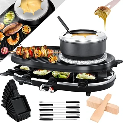 Afbeelding van KESSER® Gourmetstel 3in1 Raclette Grill met natuurlijke grillplaat en fondue, Gourmetset tafelgrill voor 8 personen, elektrische anti aanbak bakplaat, pannetjes houten spatel incl.Fondue