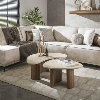 Afbeelding van Hoyz Collection Salontafel Organic Travertin look Set van 2