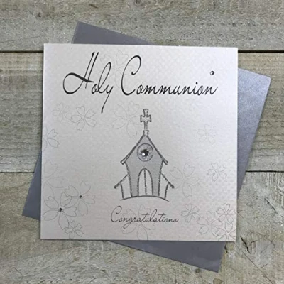 Afbeelding van White Cotton Cards Wenskaart, motief: kerk, handgemaakt, Holy Communion Congratulations