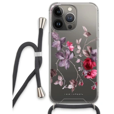 Afbeelding van Case Company® hoesje met Koord geschikt voor iPhone 13 Pro Mooie bloemen Telefoonhoesje Zwart Extra Bescherming aan alle Kanten en Over de Schermrand