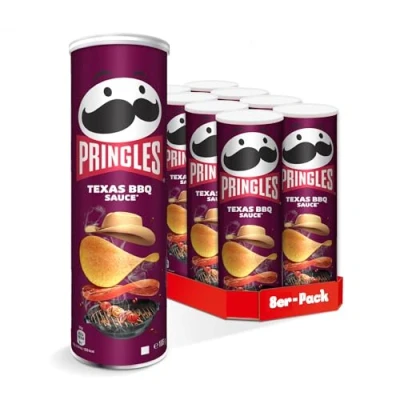 Afbeelding van Pringles Texas BBQ Saus (8 x 165 g) de onweerstaanbare klassieker snacks in praktische doos knapperige chips met baardsmaak pop play