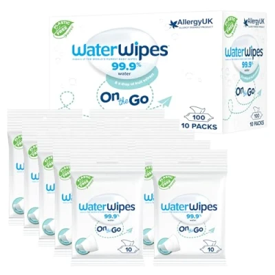 Afbeelding van WaterWipes doekjes voor onderweg, 100 (10 verpakkingen), 99% vochtige op waterbasis, ideaal reis, ontworpen gezicht en lichaam.