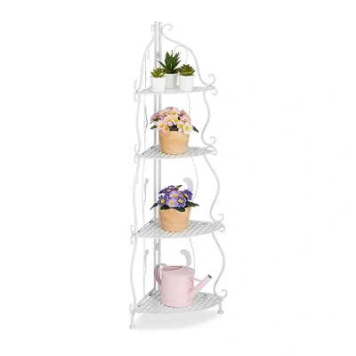 Afbeelding van Relaxdays plantenrek hoek wit hoekrek bloemenrek metaal plantentrap 4 etages