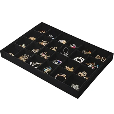 Afbeelding van 24 roosters dienblad sieraden fluweel voor laden, stapelbaar, opslag van sieraden, afneembaar, vitrine, ring, armband, oorbellen, halsketting, 35 x 3 cm (zwart)