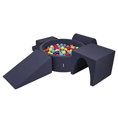 Afbeelding van KiddyMoon Speelplaats van schuim met rond ballenbad / gracht (300) voor baby&#039;s, obstakels, gemaakt in de EU, donkerblauw: lichtgroen, geel, turquoise, oranje, roze, paars