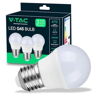 Afbeelding van V TAC Ledlampen E27 4,5 W (komt overeen met 40 W) G45 470 lumen 3 stuks opening van de lichtstraal 180 graden lamp maximale efficiëntie en energiebesparing 4000 K neutraal wit