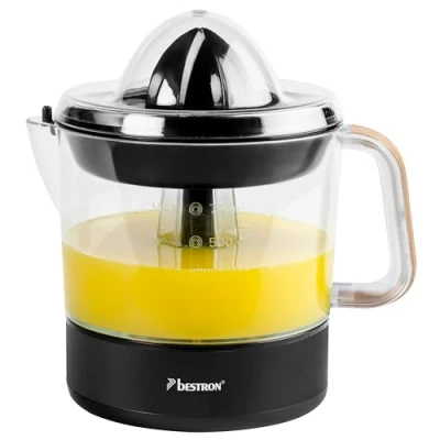 Image de Bestron Presse oranges et agrumes électrique, Inclut 2 cônes de pressage un couvercle pour préserver l&#039;arôme, Moteur à deux sens rotation (gauche/droite), Capacité: 0.7 Litre, Couleur: Noir/Bois