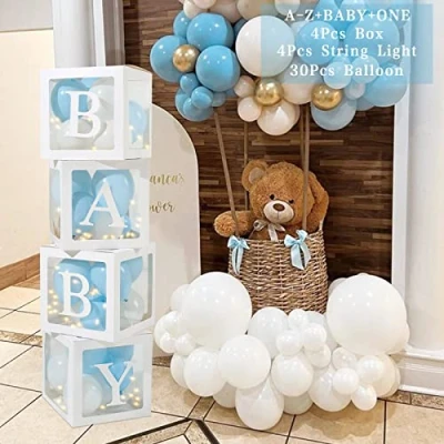 Afbeelding van Babyshower decoratie voor jongens, 4 kubussen, babyballondoos met lichtsnoeren, 33 letters en blauw witte ballonnen babyshower, gender reveal party, decoratie, doop, verjaardag