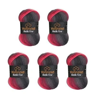 Afbeelding van Wollbiene Batik Fine Wol, 5 x 100 g, 500 gram wol met kleurverloop, meerkleurig, kleur: 5100 bessengrijs wit