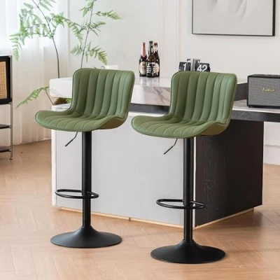 Afbeelding van YOUNIKE Barkruk, 2 stuks, draaibaar, van kunstleer, barstoelen met verstelbare hoogte, zachte bekleding, toonbankkrukken hoge rugleuning, kinderstoel voor bar, olijfgroen