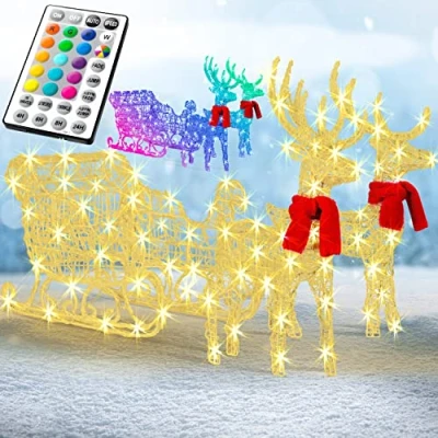Afbeelding van KESSER® Rendieren met 240 leds slee afstandsbediening, 30 functies, wit/meerkleurig, 2 decoratieve sjaals, 24 uurs timer, kerstverlichting voor buiten en binnen