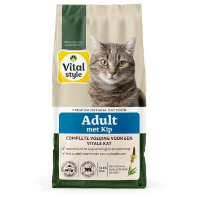 Afbeelding van VITALstyle Adult Met Kip Kattenbrokken Gevarieerde Voeding Voor Een Levenslustige Kat o.a. Peterselie &amp; Smalle Weegbree 1,5 kg