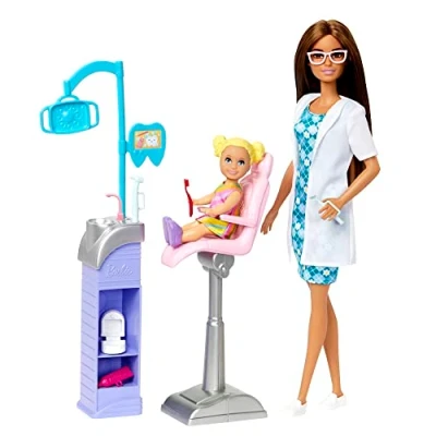 Afbeelding van Barbie HKT70 Tandartspop, speelset met behandelstoel, instrumentenwagen en accessoires patiëntenpop, kleine tandartsen kinderen vanaf 3 jaar