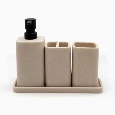 Afbeelding van ZCCZ Beige badkameraccessoiresets, 4 delige badkameraccessoires, complete set met make up aanrechtaccessoires, inclusief lotiondispenser, zeeppomp, tuimelaar, tandenborstelhouder en dienblad