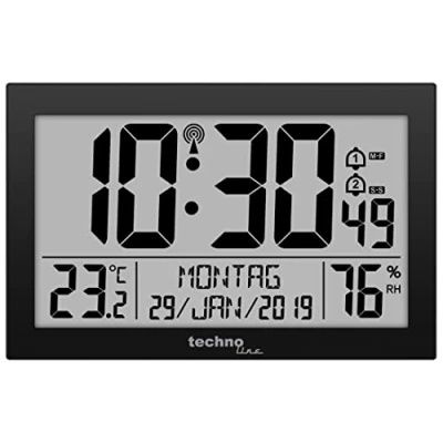 Afbeelding van techno line 8016 WS8016 Draadloze wandklok met temperatuurweergave, 225 x 143 24 mm, zwart