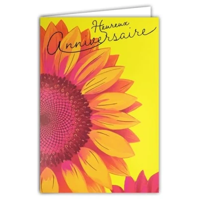 Afbeelding van 69 8103 Happy Birthday fluo kaart met envelop 12 x 17,5 cm illustratie zonnebloembloem Gerbera roze oranje geel zoom close up macro echte inkten gemaakt en geproduceerd in Frankrijk