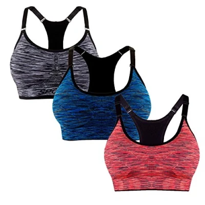 Afbeelding van Libella 3 stuks sportbeha voor dames, comfortabele beha, ritssluiting, gevoerde push up, ondersteuning, verstelbare bandjes, zonder beugel, yoga, fitness, stuks, Pack van zwart+blauw +oranje, S/M, S M