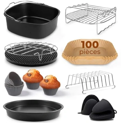 Afbeelding van Fentic Airfryer accessoires voor airfryers XL en XXL geschikt Philips, COSORI, Princess, Ninja, Tefal, Innsky met receptenboek 100 vellen bakpapier