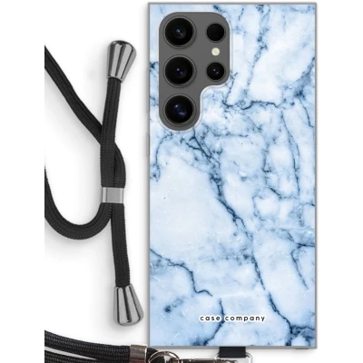 Afbeelding van Case Company® hoesje met Koord geschikt voor Samsung Galaxy S24 Ultra Blauw marmer Telefoonhoesje Zwart Bescherming aan alle Kanten en Over de Schermrand