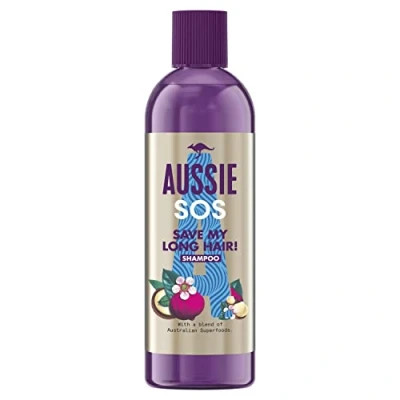Afbeelding van Aussie Veganistische shampoo, SOS Save My Long Hair, voedt, hydrateert, glanzend, macadamia notenoliën, lang en beschadigd haar, shampoo niet getest op dieren, recyclebare verpakking, 290 ml