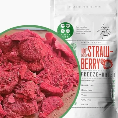 Image de Fraises lyophilisées broyées XL 300 g Morceaux de fraise broyés issus la fabrication tranches Fruits lyophilisés secs sans sucre