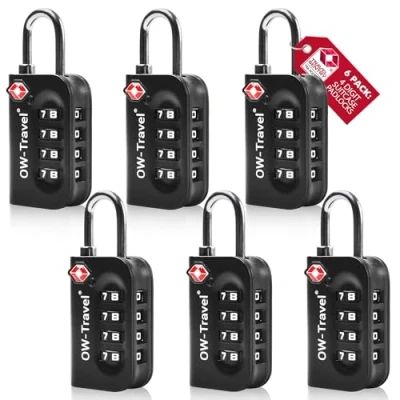 Afbeelding van OW Travel TSA koffer hangslot. 4 cijferige code slot voor bagage kluisje opslag tent camping combinatie USA. Vliegtuig reisaccessoires: 007 kofferslot, 01f) hangslot cijfers,