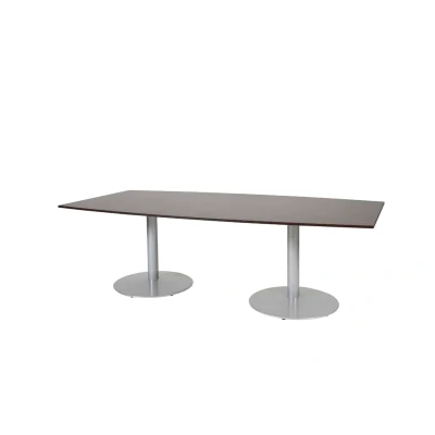 Afbeelding van Linesto 240x120cm tonvormige vergadertafel op vaste hoogte (74cm) met logan eiken 25mm blad en aluminium (RAL9006) trompetvoeten