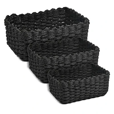 Afbeelding van 3 stuks gevlochten opbergmanden, van gerecycled papier, maten, organizer voor kasten, badkamer, keuken, slaapkamer (zwart)
