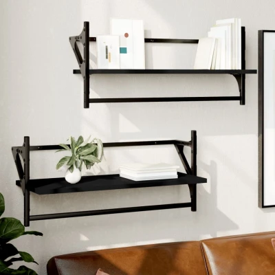 Afbeelding van Wandschappen met stangen 2 st 65x25x30 cm zwart