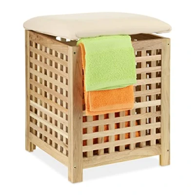 Image de Relaxdays, panier à linge naturel avec siège, bois de noyer, tissu, H x l P : 50 39 cm, 45 l, tabouret salle bain espace rangement, mousse