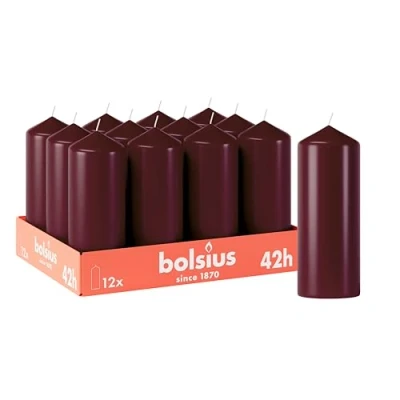 Afbeelding van Bolsius 12 stuks stompkaarsen, glad, bordeaux, 15 x 7 cm, decoratief, brandduur 42 uur, geurvrij, bevat natuurlijke plantaardige was, zonder palmolie
