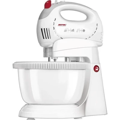 Afbeelding van MPM Handmixer Met Mengkom 5 Snelheden + Turbostand Kloppers en Kneedhaken 300W Wit