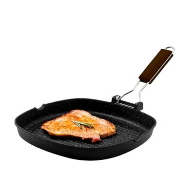 Afbeelding van zanetti, Grillpan 28 x cm, grillplaat van gegoten aluminium met hoge dikte, geschikt voor inductieplaten, inklapbare handgreep