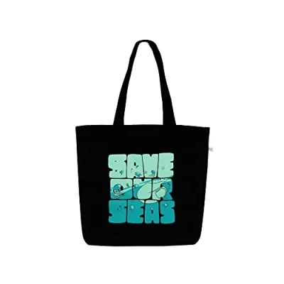 Afbeelding van Eco Right Esthetische canvas draagtas voor dames, grote herbruikbare met ritssluiting en binnenvak, perfect school, winkelen, werk, strand, cadeau, Save Oue Seas Black,