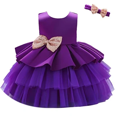 Afbeelding van Lito Angels Bruidsmeisjesjurk, ceremonie, bruiloft, doop, met haarband voor baby en kinderen, meisjes, Paars.