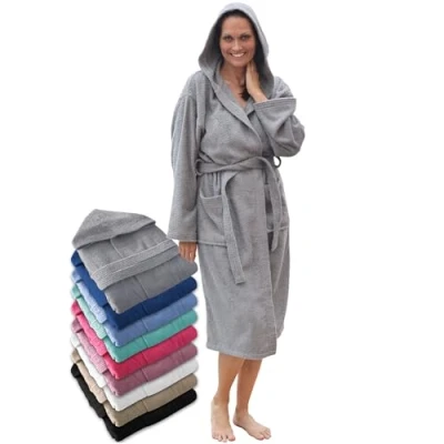 Afbeelding van LEBENGOOD Badjas met capuchon voor dames, 100% zacht katoen, badstof 400 g, zakken, Staal, XXL