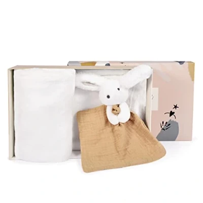 Afbeelding van Doudou et Compagnie Babydeken knuffeldier haas Happy Wild wit 100 x 70 cm DC3978