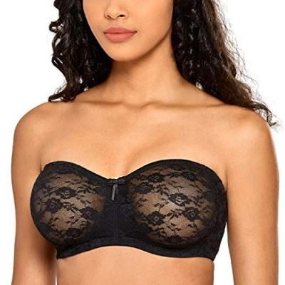 Afbeelding van Dobreva Strapless beha met kant, beugels en afneembare bandjes, zwart.