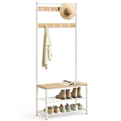 Afbeelding van VASAGLE Kapstok met schoenenrek, halmeubel bank, 3 in 1, stalen frame, voor entree, hal, 32 x 70 177 cm, moderne stijl, kleur eiken en crème HSR041W09