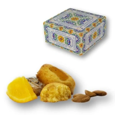 Afbeelding van RAREZZE Siciliaanse marsepein gebak met sinaasappel in mooie versierde koekjesdoos (gr.400) RAREZZE: cupcakes, cannoli, cassate, ambachtelijk