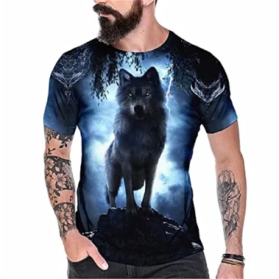 Afbeelding van Heren T shirt met 3D wolf retro ronde hals en korte mouwen, #1