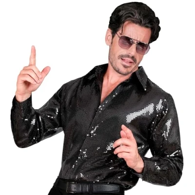Afbeelding van Widmann Jaren 80 &amp; 90 Kostuum Shiney Pailletten Overhemd Zwart Man Small / Medium Carnavalskleding Verkleedkleding