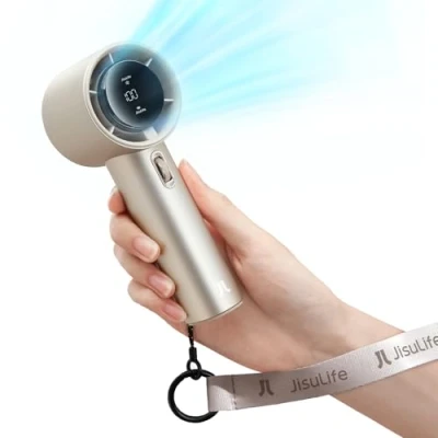 Afbeelding van JISULIFE Draagbare handventilator, mini ventilator in snelheid (van 1 tot 100), oplaadbare batterij van 5000 mAh met metalen behuizing, digitaal display, voor vrouwen, mannen, reizen, kamperen, bruin