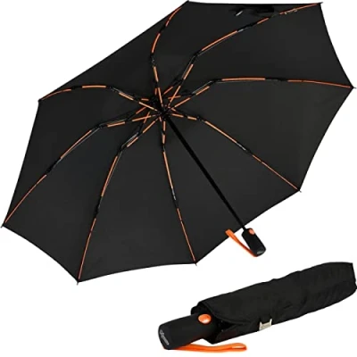Afbeelding van Omgekeerd geopende glasvezel Zakparaplu met gekleurde spaken, zwart oranje, XXL