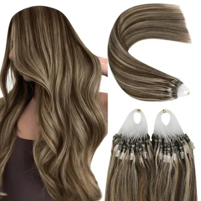 Afbeelding van YoungSee Haarverlenging met microring, donkerbruin, 55 cm, extensions, koud haar, glad, wortel, haarverlenging, echt bruin, 50 strengen / g