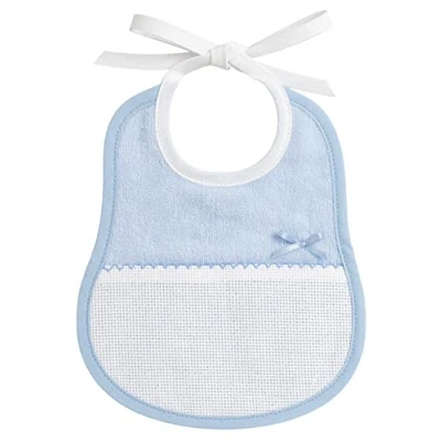 Afbeelding van FILET Slabbetje van zachte chenille, lichtblauw, met Aida canvas zak, ideaal voor kruissteek en satijnen strik, praktisch babyaccessoire gemakkelijk te borduren, gemaakt in Italië, hemel