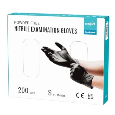 Afbeelding van EUROPAPA® 200 stuks nitril wegwerphandschoenen, poedervrij, onderzoekshandschoenen, latexvrij, maten S, M, L en XL (S, zwart)