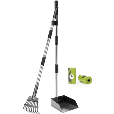 Afbeelding van Metalen hondenschep met verstelbare lengte 84/98 cm, lange steel, grote stofpan (2 stuks)