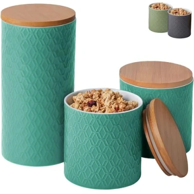 Afbeelding van Keramische Voorraadpotten met Bamboe Deksel 3 Delige pot Luchtdicht Vaatwasmachinebestendig voor koffie, suiker, muesli (turquoise)